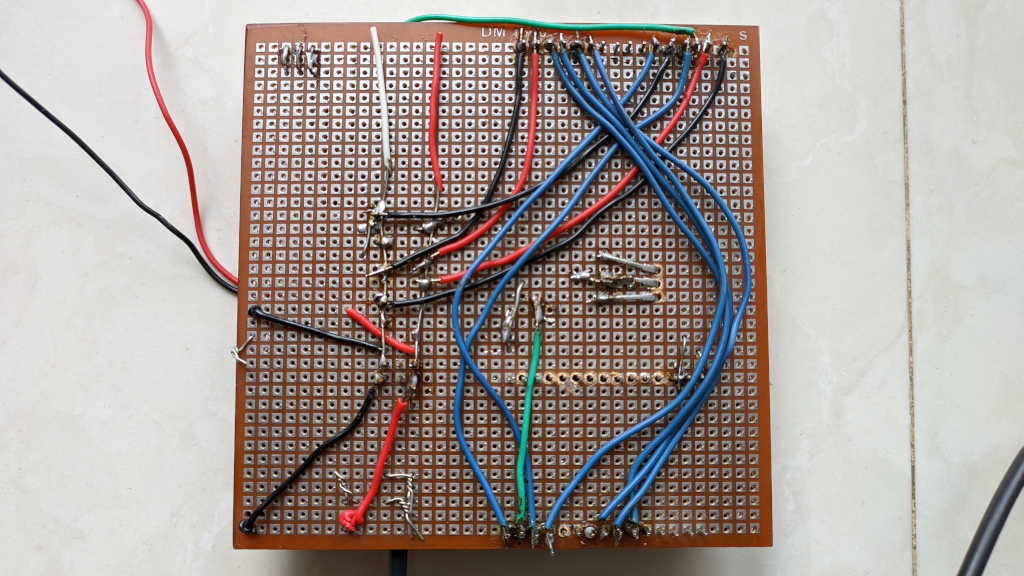 Back view of the prototype board with all the electronic components soldered